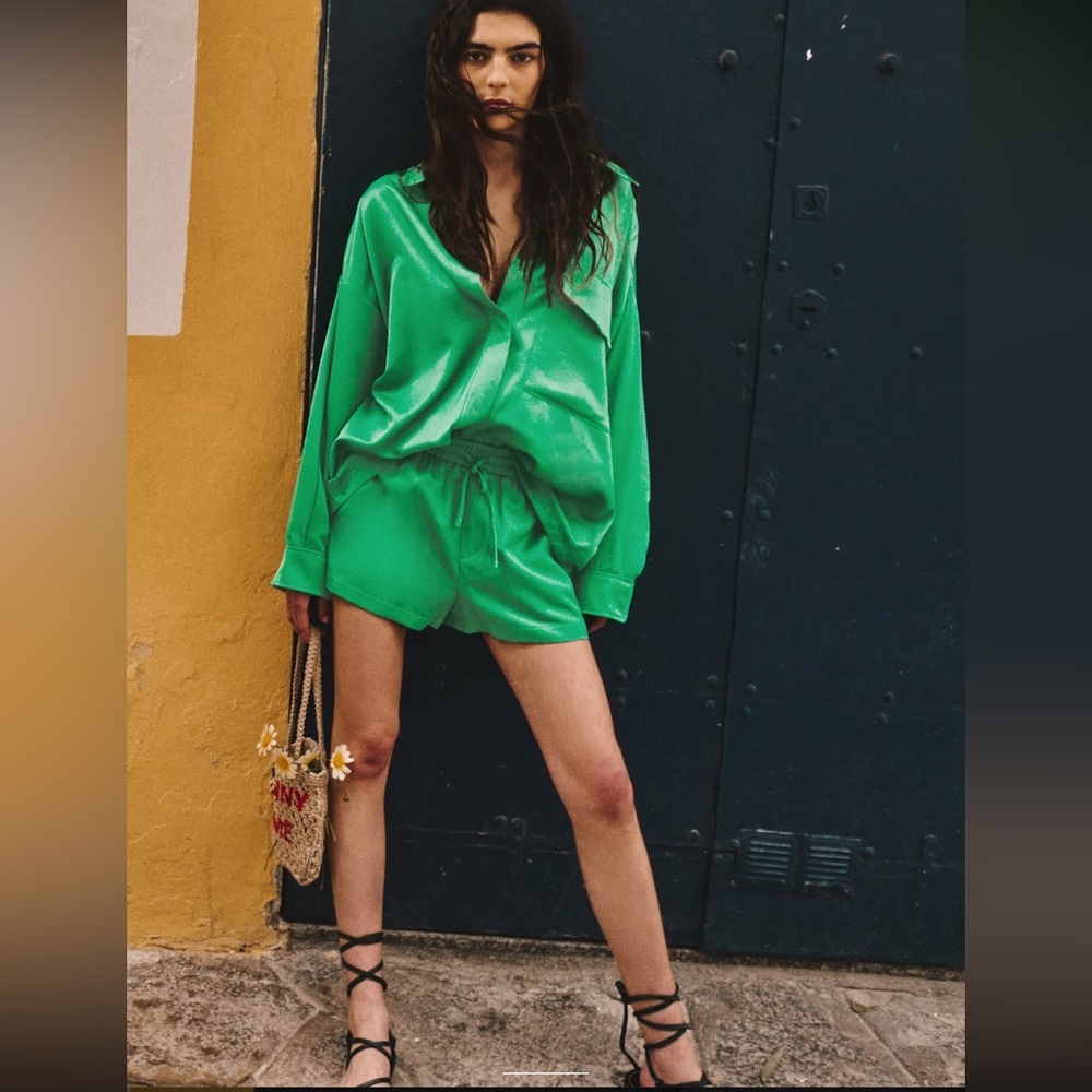 Zara Green Satin Effect Short Set (Top: M, Shorts: S)